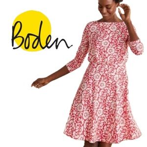 NWT Boden Nellie Dress Red Shadow Blossom Floral Hibiscus Jersey 3/4 Sleeve US 8